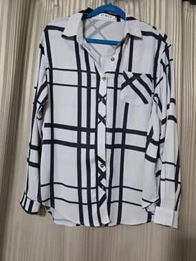 White Button-Down Shirt with Black Windowpane Plaid